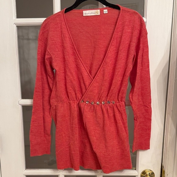 Charlie & Robin Sweaters - ANTHROPOLOGIE CHARLIE & ROBIN Womens Coral Pink Wrap Front Floral Button Sweater